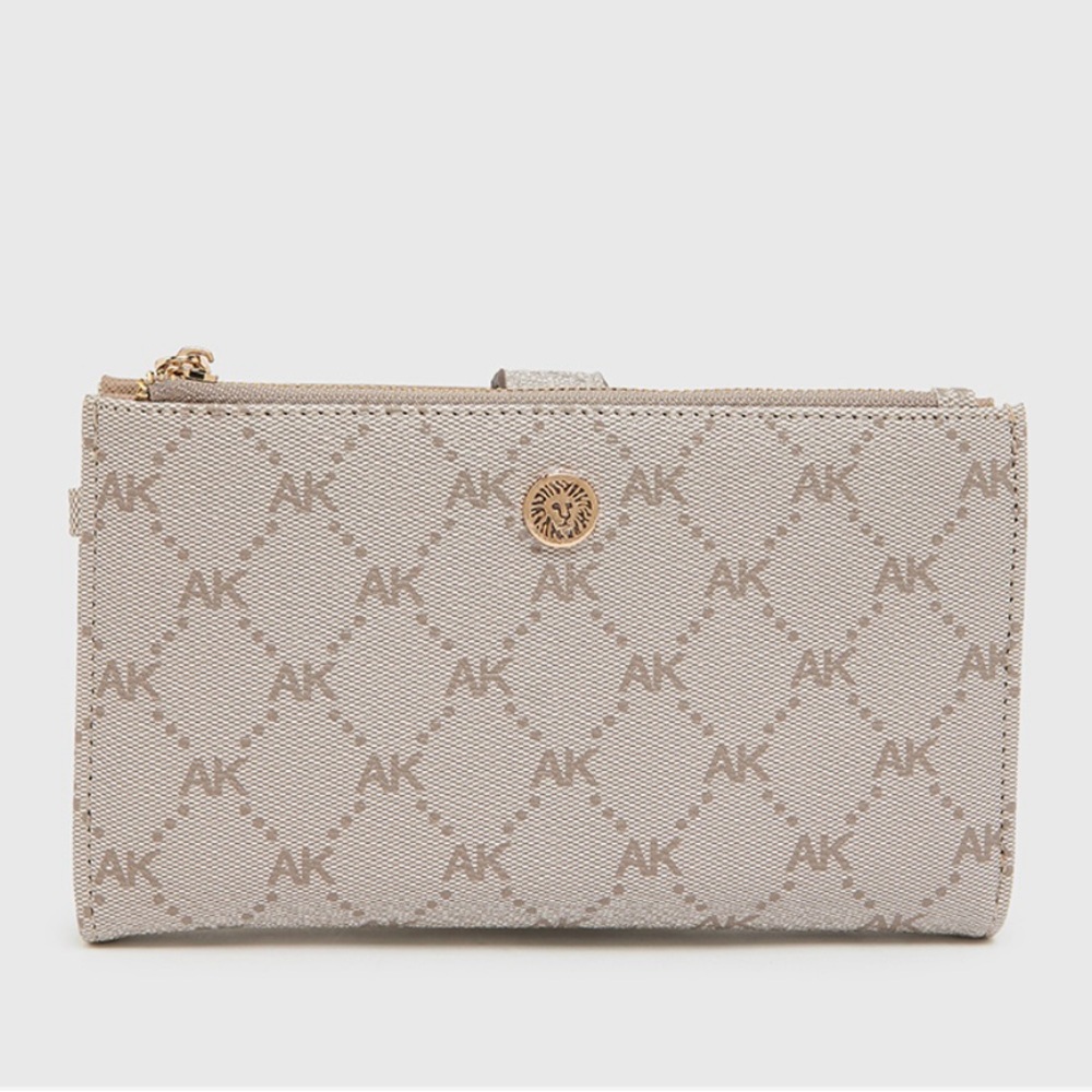 Anne Klein Neutral Monogram Continental Wallet with Gold Accents